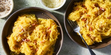 two bowls of spaghetti squash carbonara