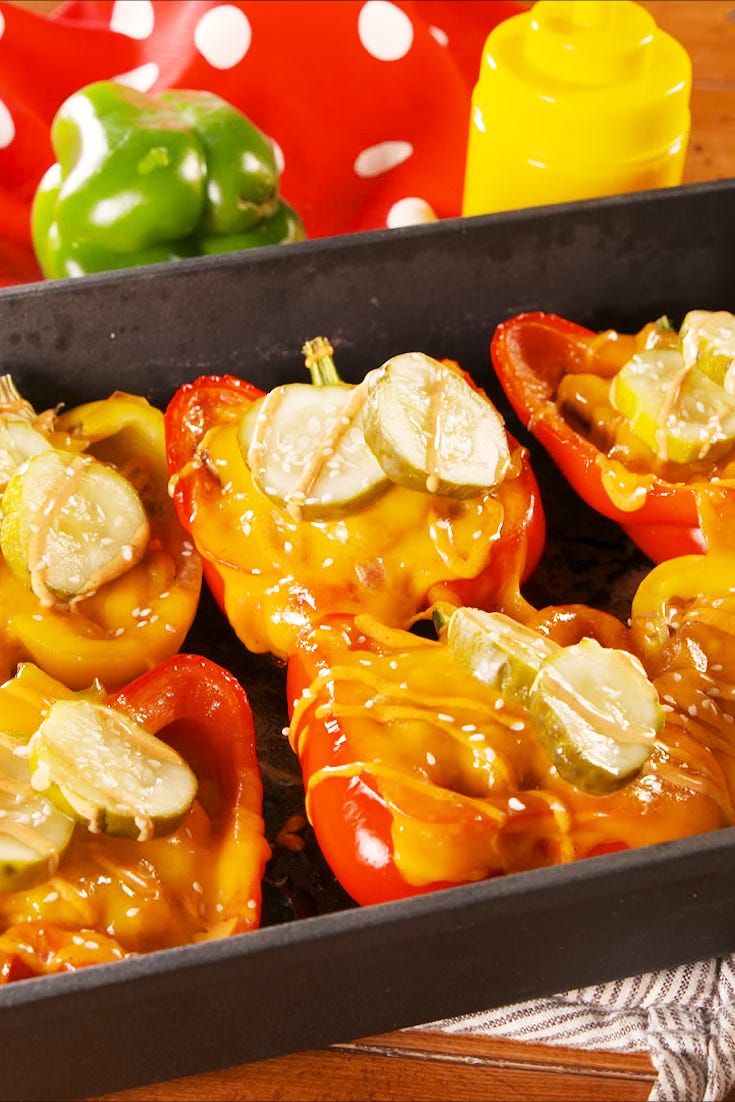 Dish, Food, Cuisine, Stuffed peppers, Capsicum, Ingredient, Bell peppers and chili peppers, Bell pepper, Produce, Vegetable, 