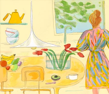 illustration in yellow hues with a woman in a colored dress by the sink with a table and flowers and pendant light