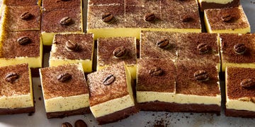 fudge topped with espresso powder and coffee beans