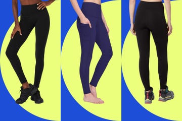 three pairs of womens leggings in various styles and colors