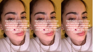 screenshots of a tiktok where a woman says she has had multiple comments from boys saying your body my choice