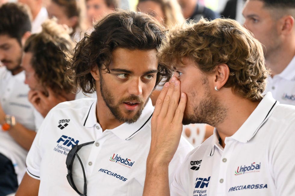 thomas ceccon and nicolo martinenghi during the press conference to present the international swimming championships 59th settecolli trophy at we sport up hall, 22 june 2023, rome, italy photo by domenico cippitellinurphoto via getty images