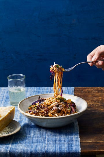 creamy miso pasta with roasted cabbage and walnuts