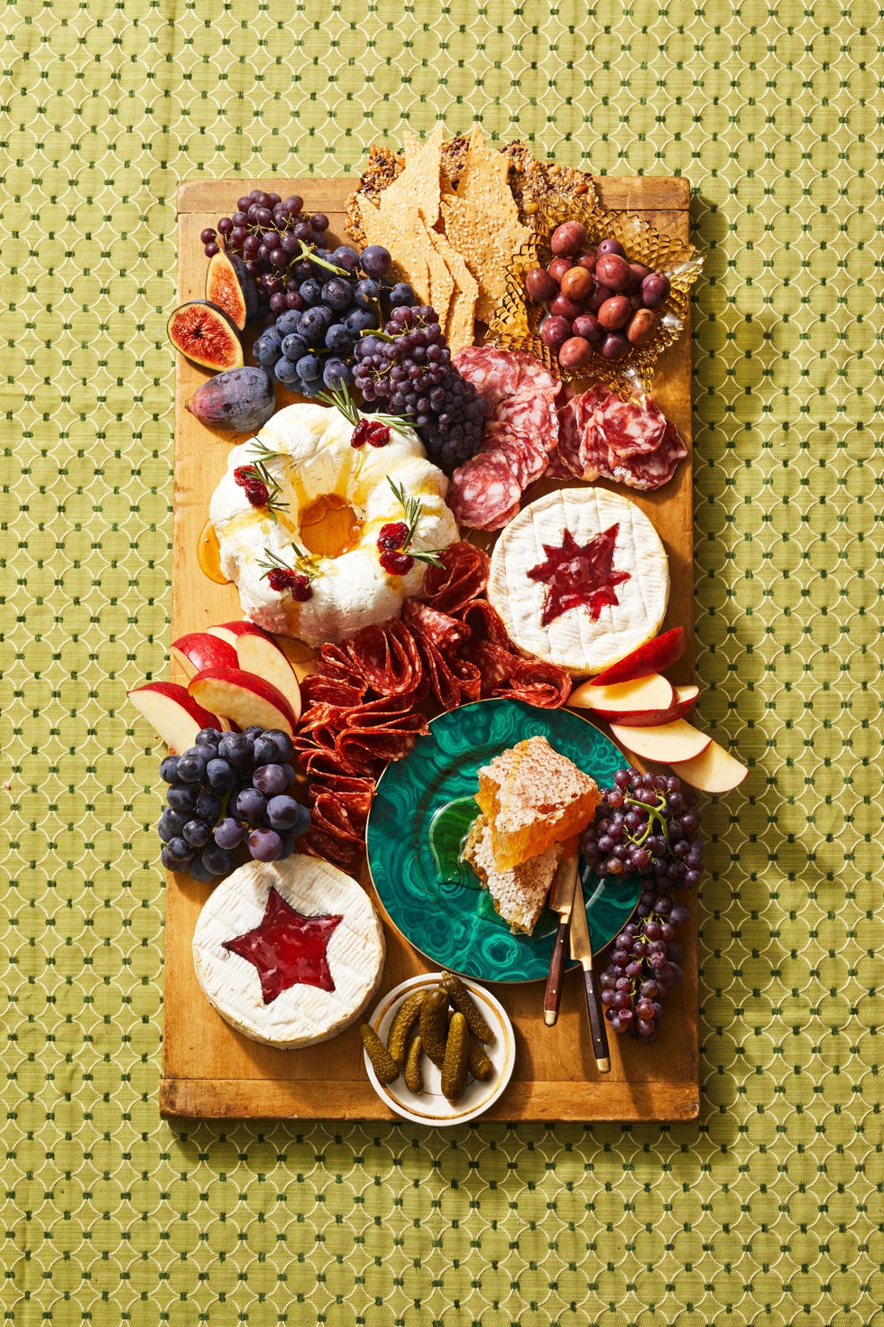 charcuterie spread with brie and cheese wreath