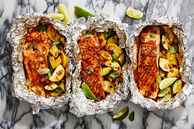 grilled honey chipotle salmon foil packets with summer squash