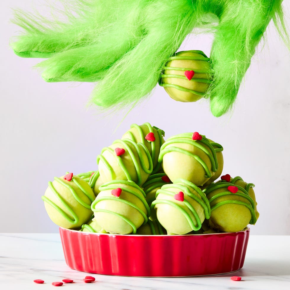 green covered cake bites with red hearts