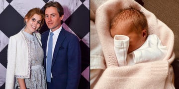 couple posing together at an event and a sleeping newborn wrapped in a blanket