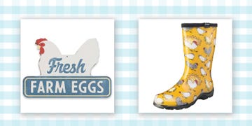 vintage style chicken shaped metal sign that says fresh farm eggs, yellow water proof boots with chickens on them