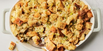 classic homemade turkey stuffing in a serving dish