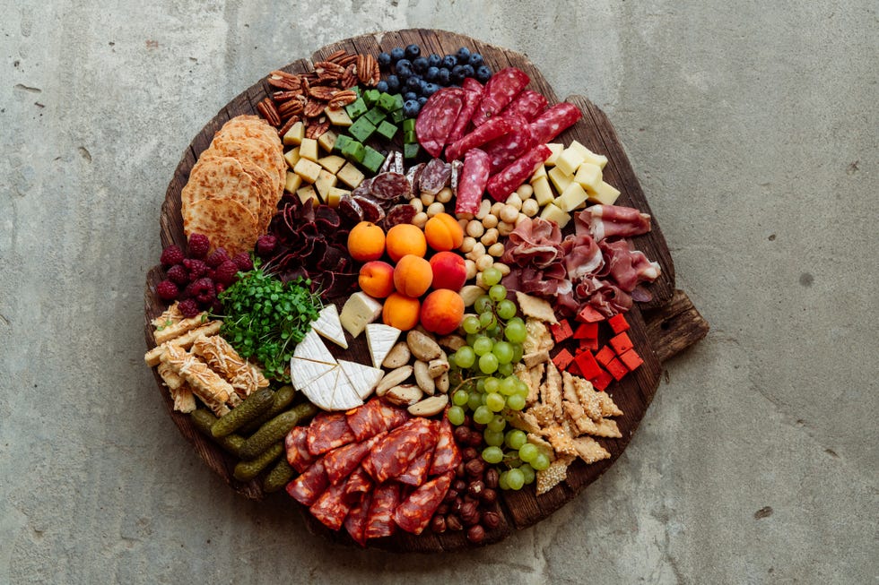 round charcuterie board full of meats, cheeses, fruits, and crackers