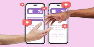 two hands reach for each other superimposed over two phones set to dating apps