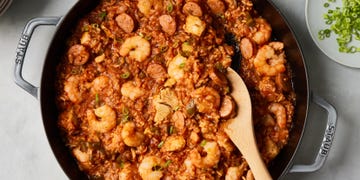 jambalaya with shrimp, chicken, and sausage in a skillet