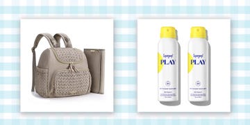 a beige backpack and two cans of sunscreen