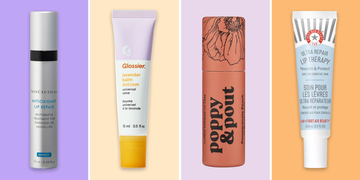 four lip care products displayed against different colored backgrounds