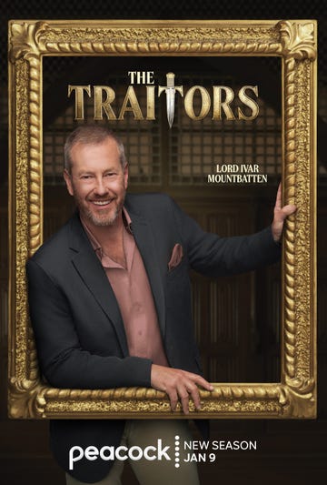 promotional image for the show the traitors featuring a character named lord ivar mountbatten