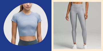 athletic wear featuring a cropped blue top and grey leggings