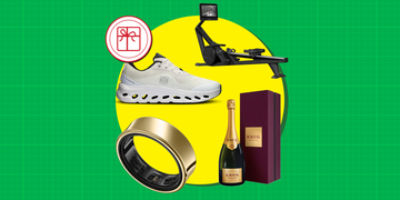 collection of gift items including shoes a rowing machine champagne and a ring