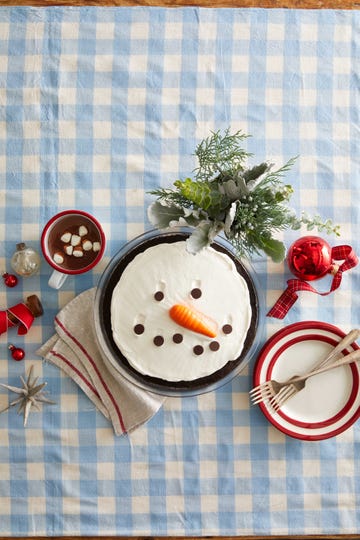 its a pie but the top is white like melted snow and there are chocolate dots for eyes and the mouth and a chocolate carrot for the nose and they're all sliding around because the the snowman is supposed to have melted right into the pie