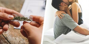 split image of rolling a joint and a couple in bed