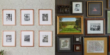 two wall sections featuring a variety of framed artwork and photographs