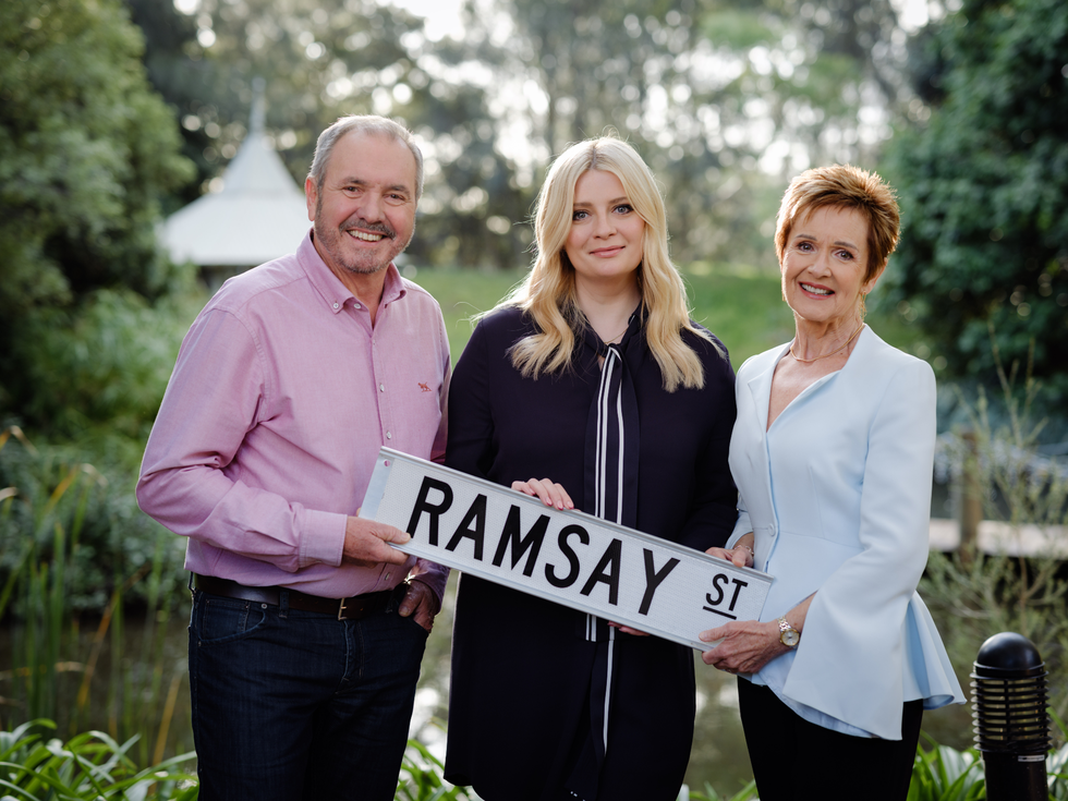 alan fletcher, mischa barton and jackie woodburne on set at neighbours