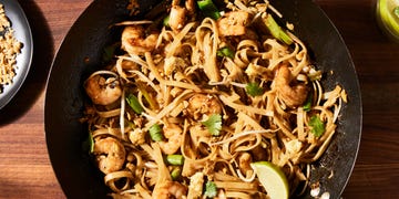 pad thai with shrimp rice noodles tamarind fish sauce palm sugar lime juice peanuts cilantro scallions