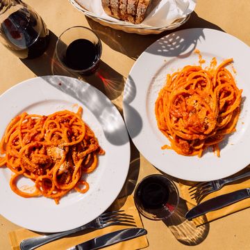 pasta amatriciana served in italian restaurant in rome, italy