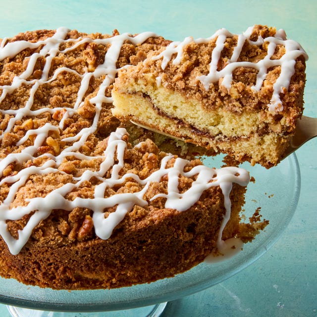 rum crumb cake drizzled with icing