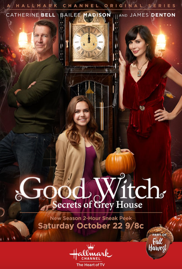 promotional poster for good witch secrets of grey house featuring characters and autumn elements