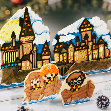 decorated gingerbread cookies depicting a castle and characters in a boat