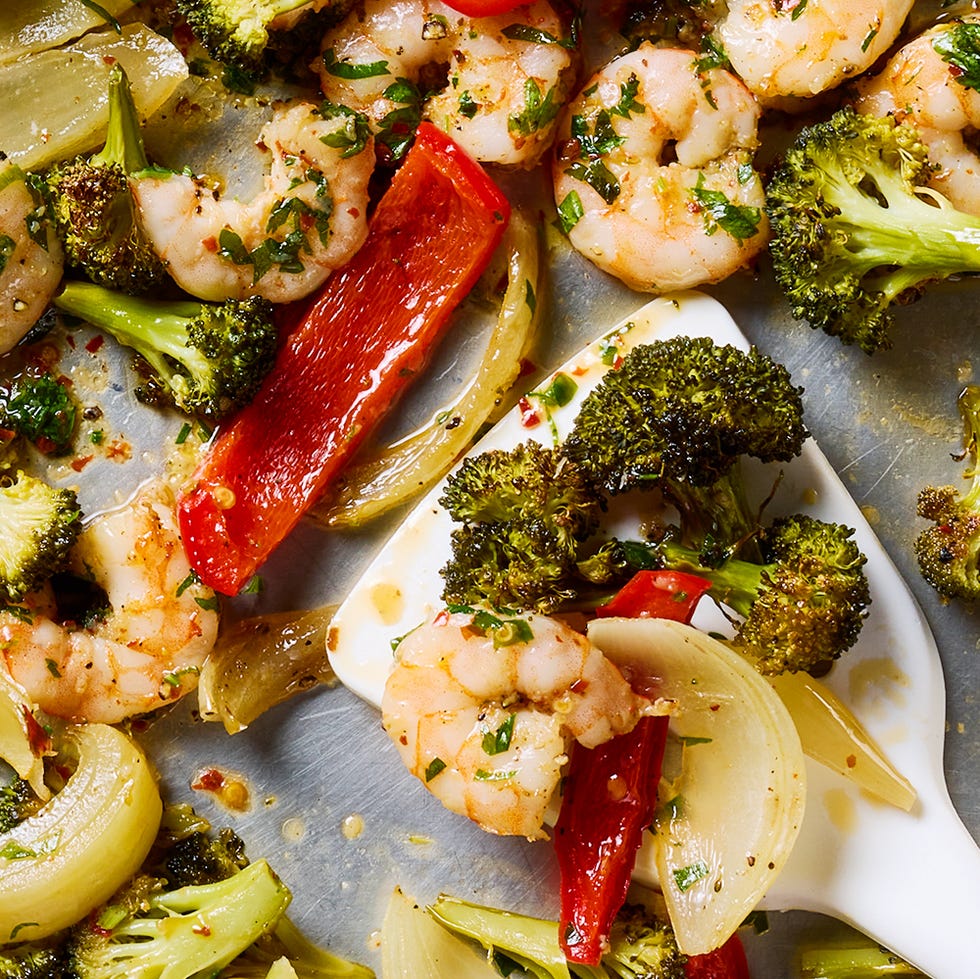 garlicky shrimp and veggies baked on a sheet pan