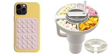 a yellow phone case with a bubble pop design beside a snack holder with compartments for different treats