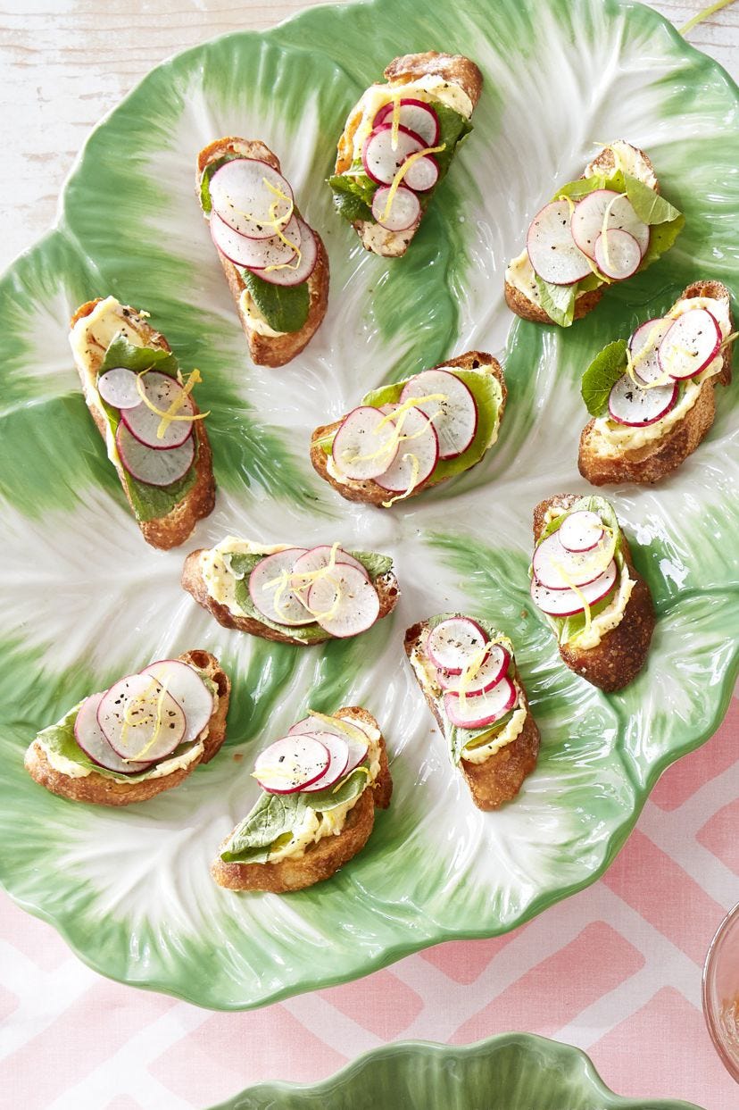 sliced radish and radish leaf toasts with lemon butter