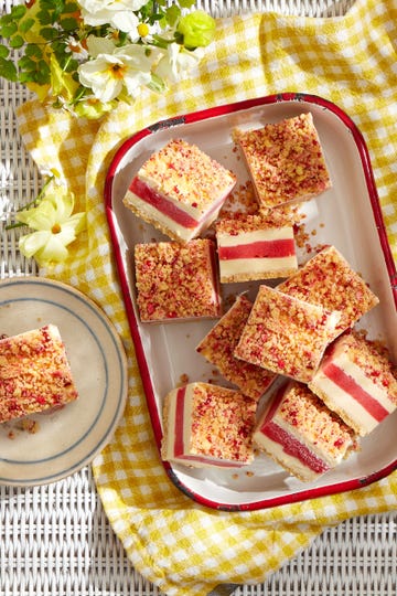 strawberry shortcake ice cream bars on a platter on a yellow cloth