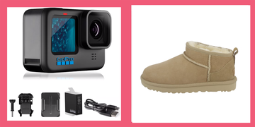 a gopro camera with accessories next to a tan ugg boot