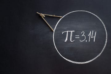 the greek letter pi, the ratio of the circumference of a circle to its diameter, is drawn in chalk on a black chalkboard with a compass in honor