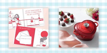 gift items including a red heartshaped cooking pot chocolates strawberries and illustrated greeting cards