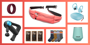 silicone ring, belt bag, earbuds, insulated tumbler, socks, chocolate bars, massage gun