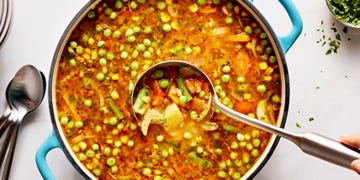 vegetable soup with potato green bean english peas fennel corn tomato vegetable bouillon celery onion carrot red pepper flakes dried thyme dried basil