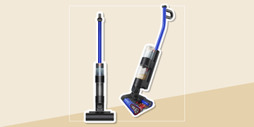 a modern vacuum cleaner with a transparent dust canister and blue accents