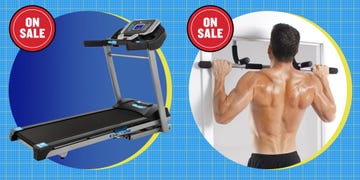 fitness equipment on sale including a treadmill and a man performing pullups