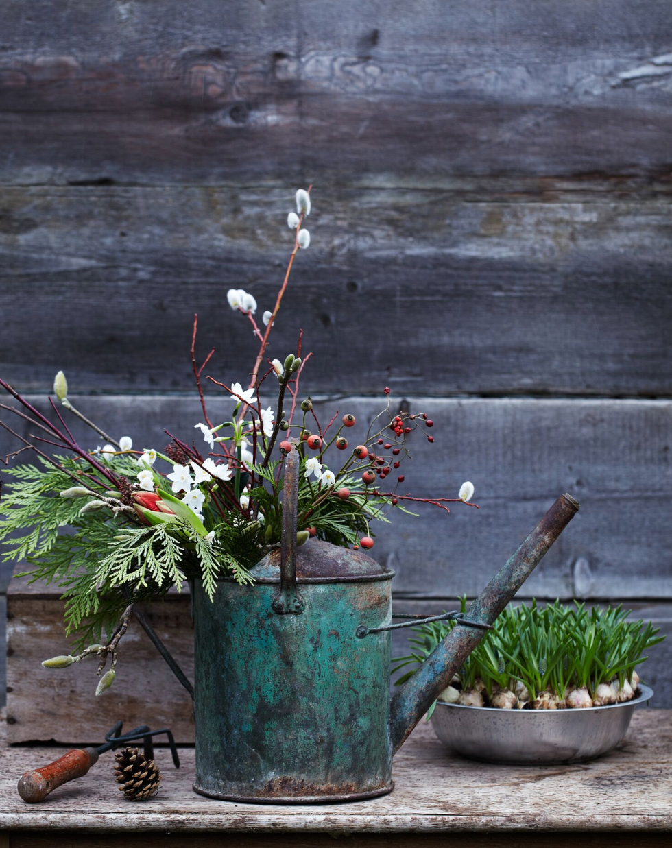 a rustic watering can filled with flowers and branches alongside a bowl of bulbs