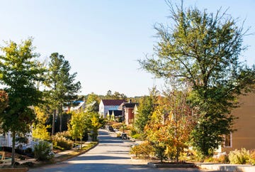 a street with trees and houses on the side