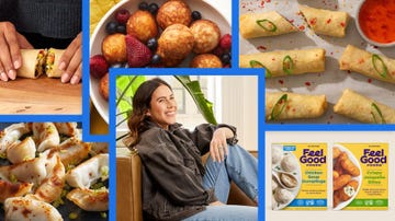 collage of various food items and a person sitting showcasing different culinary options and a product packaging