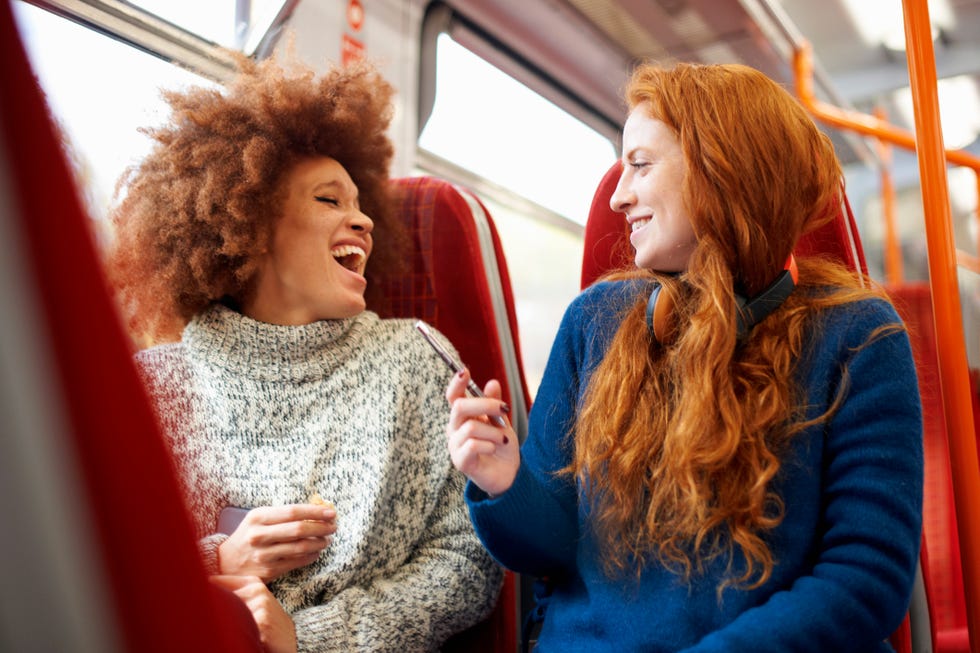 friends on train, london