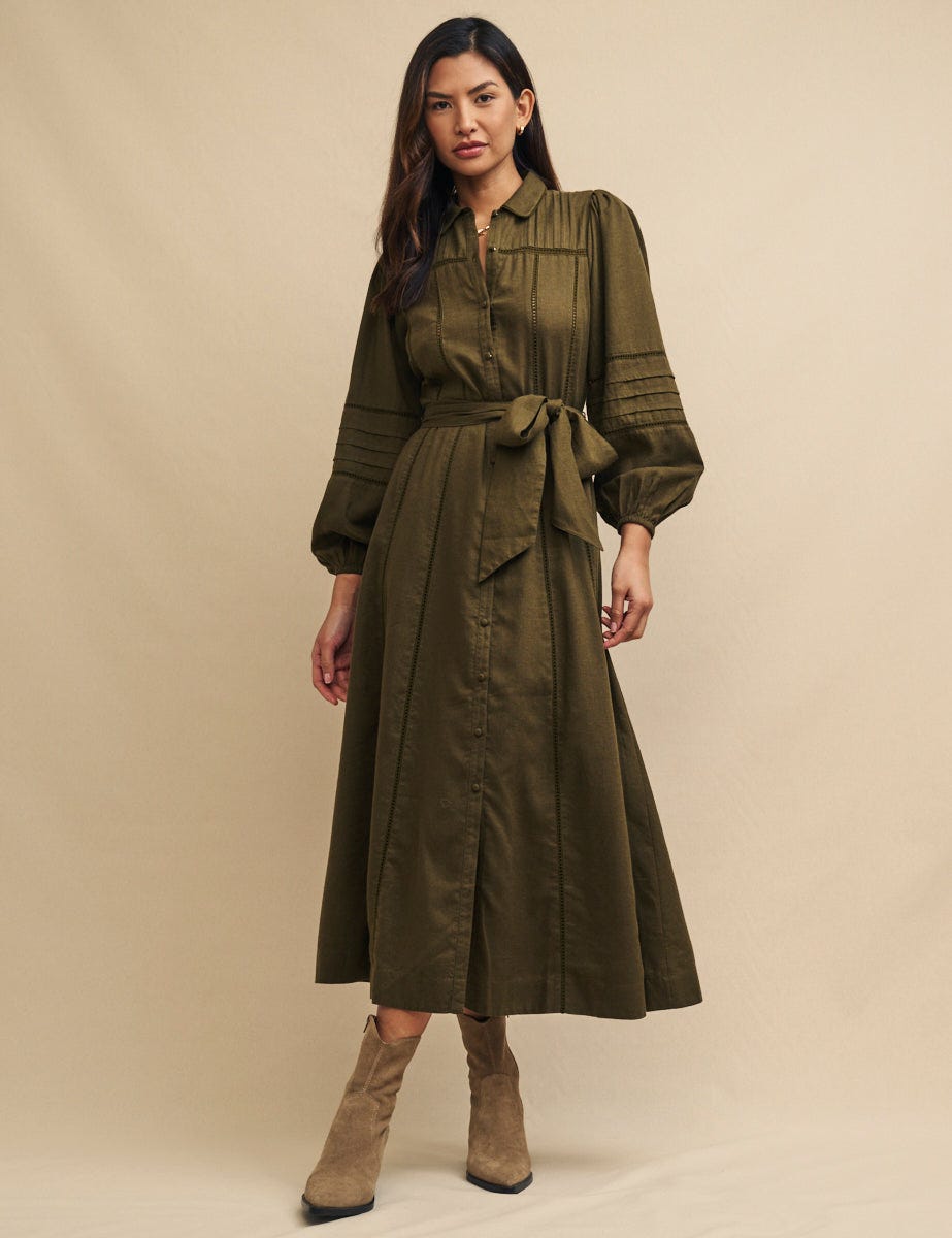 Khaki Linen-blend Belted Poppy Midi Shirt Dress