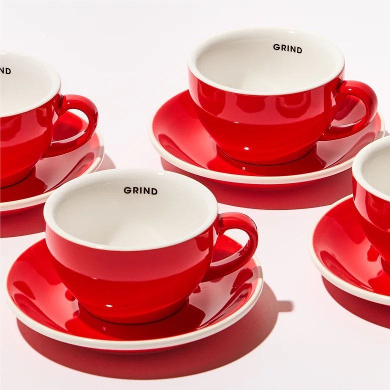 Red Coffee Cups and Saucers (4 cups, 4 saucers)