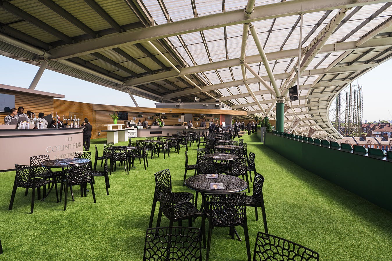 Corinthian Roof Terrace at Kia Oval: stylish rooftop venue for events with modern furniture.