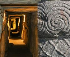 A long tunnel leading into the Newgrange. On the left, a spiral pattern depicted on the rocks outside